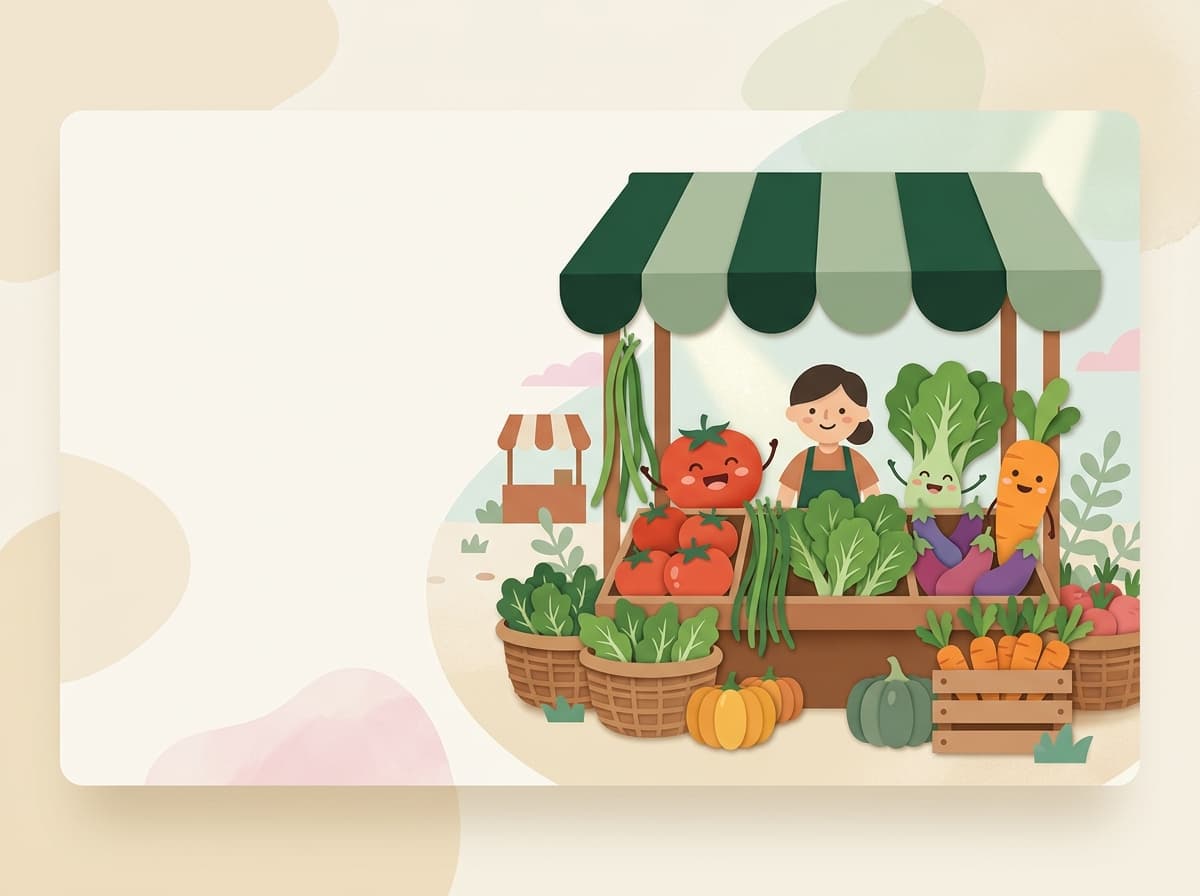 Friendly vegetable characters gathered around a local produce stall