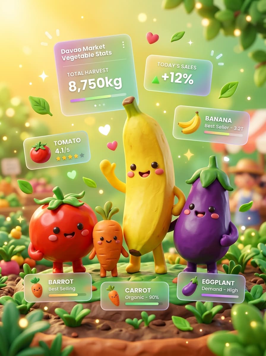 Cute 3D vegetable characters with market stats