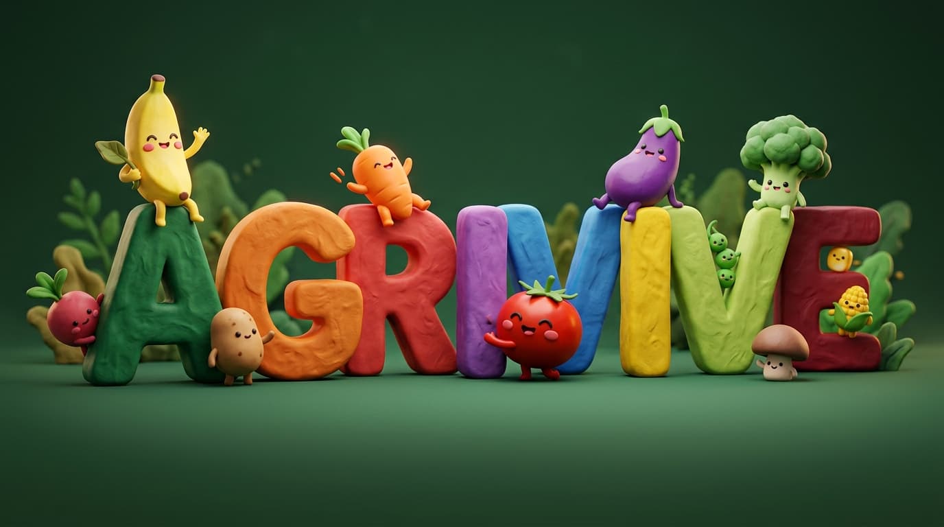 Cute 3D vegetables climbing and playing on giant AGRIVIVE letters
